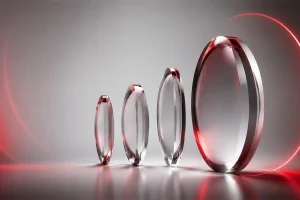 Transparent optical lenses with red light accents on a modern gray background.