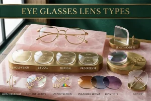 Visual guide illustrating various eyeglass lens types and coatings.