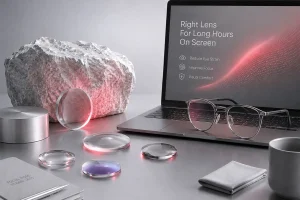 Optical lenses and eyeglasses beside a laptop